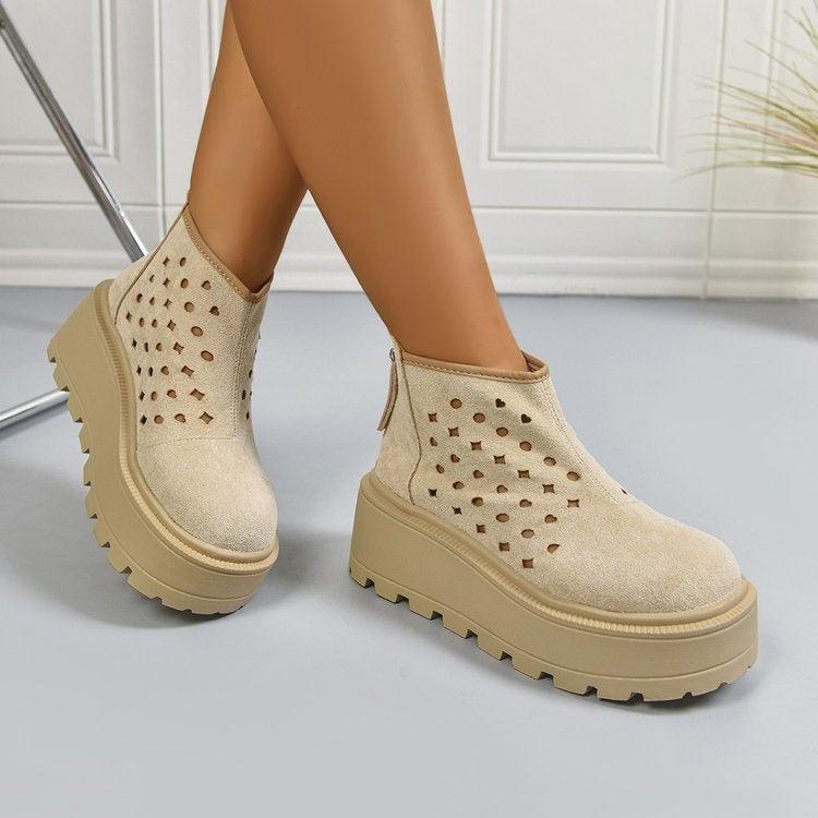 Damen Perforierte Plateau-Stiefeletten, Rückseiten-Reißverschluss Atmungsaktive Keilabsatz-Booties, Lässige Stiefel mit klobiger Sohle und Ausschnitten