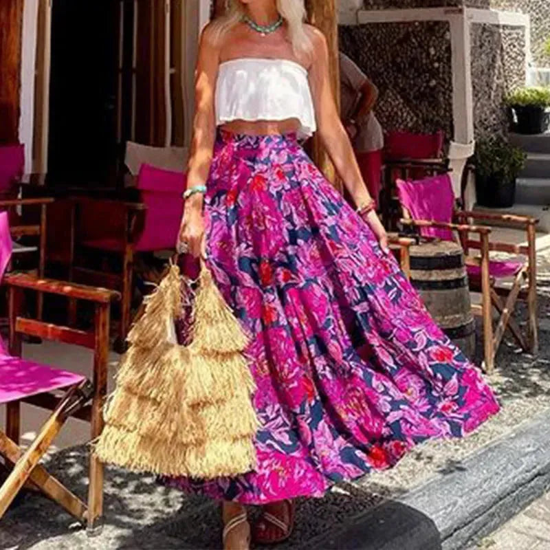Spring Summer Fashionable Printed Bohemian High Waist floral Circle maxi Skirt - EX-STOCK CANADA