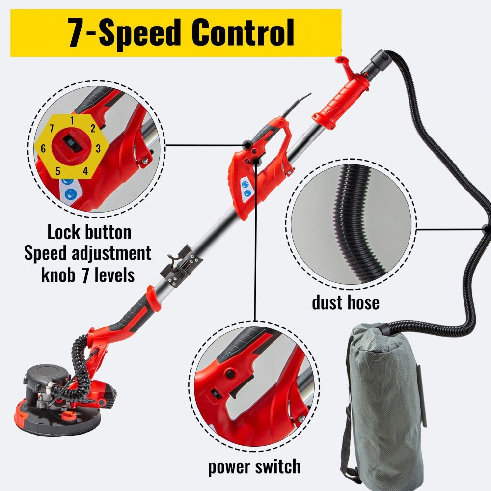 Drywall Sander 850W Electric, Electric Sander Variable Speed 800-1750RPM, Drywall Sander Foldable Sheetrock Sander, With Telescope Handle, Vacuum Bag Drywall Sanders 6 Sand Pads EX-STOCK