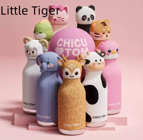 Collection of animal-themed bottles with 'Chicu Tom' branding on a pink background