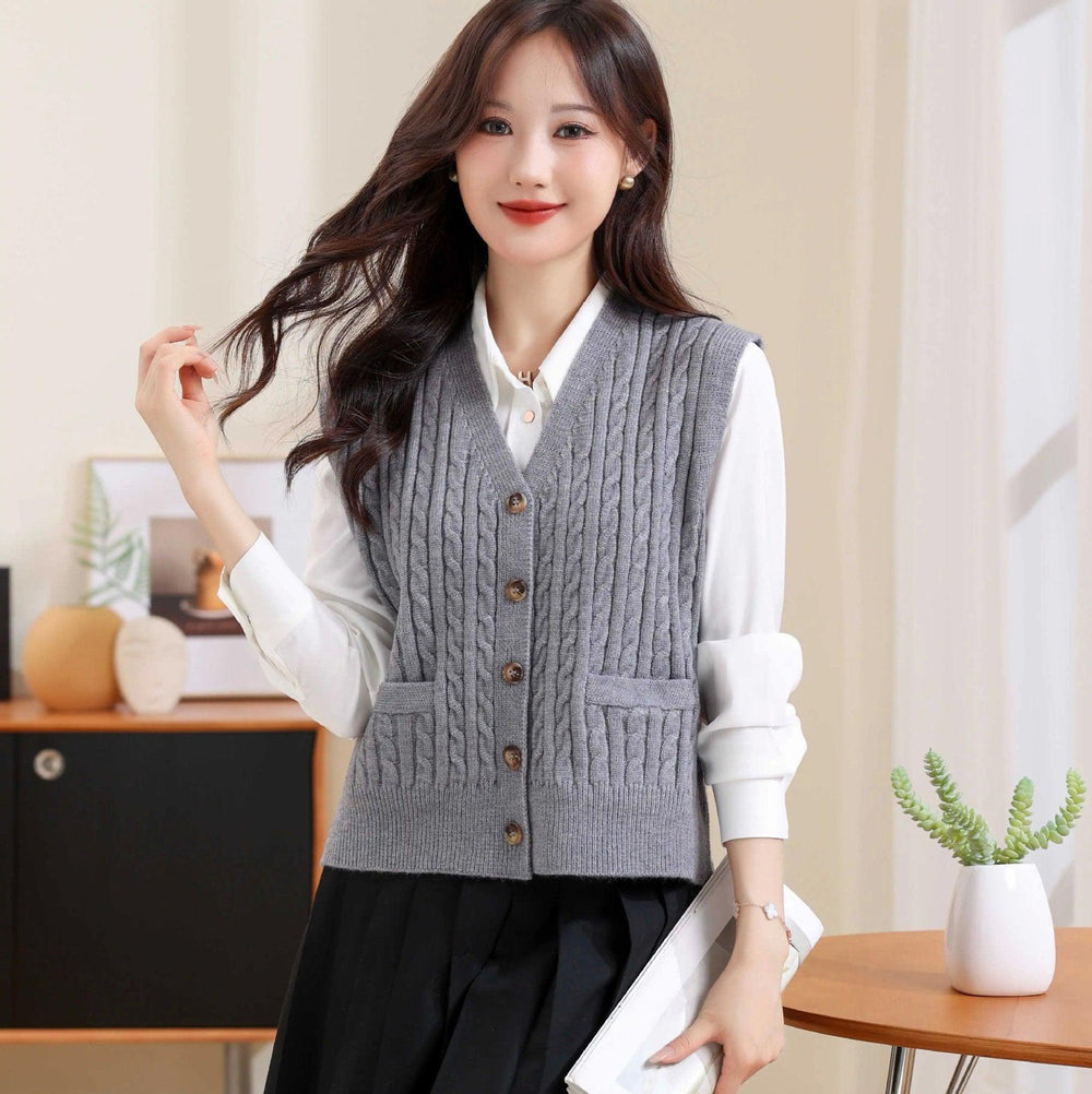 Gilet tricoté torsadé à col en V pour femmesEX-STOCK Canada