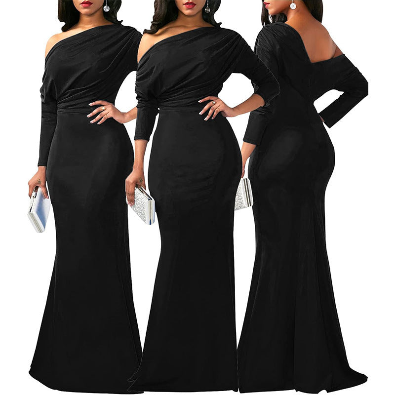 Independent Station Cross Border Elegant Sexy Oblique Shoulder Long Dinner Evening Dress EX-STOCK Canada
