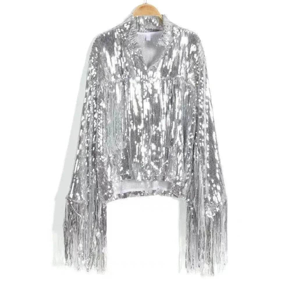 Women Fashion Long sleeve Tassel Sequin top jacket Y2K cropped jacket - EX-STOCK Canada