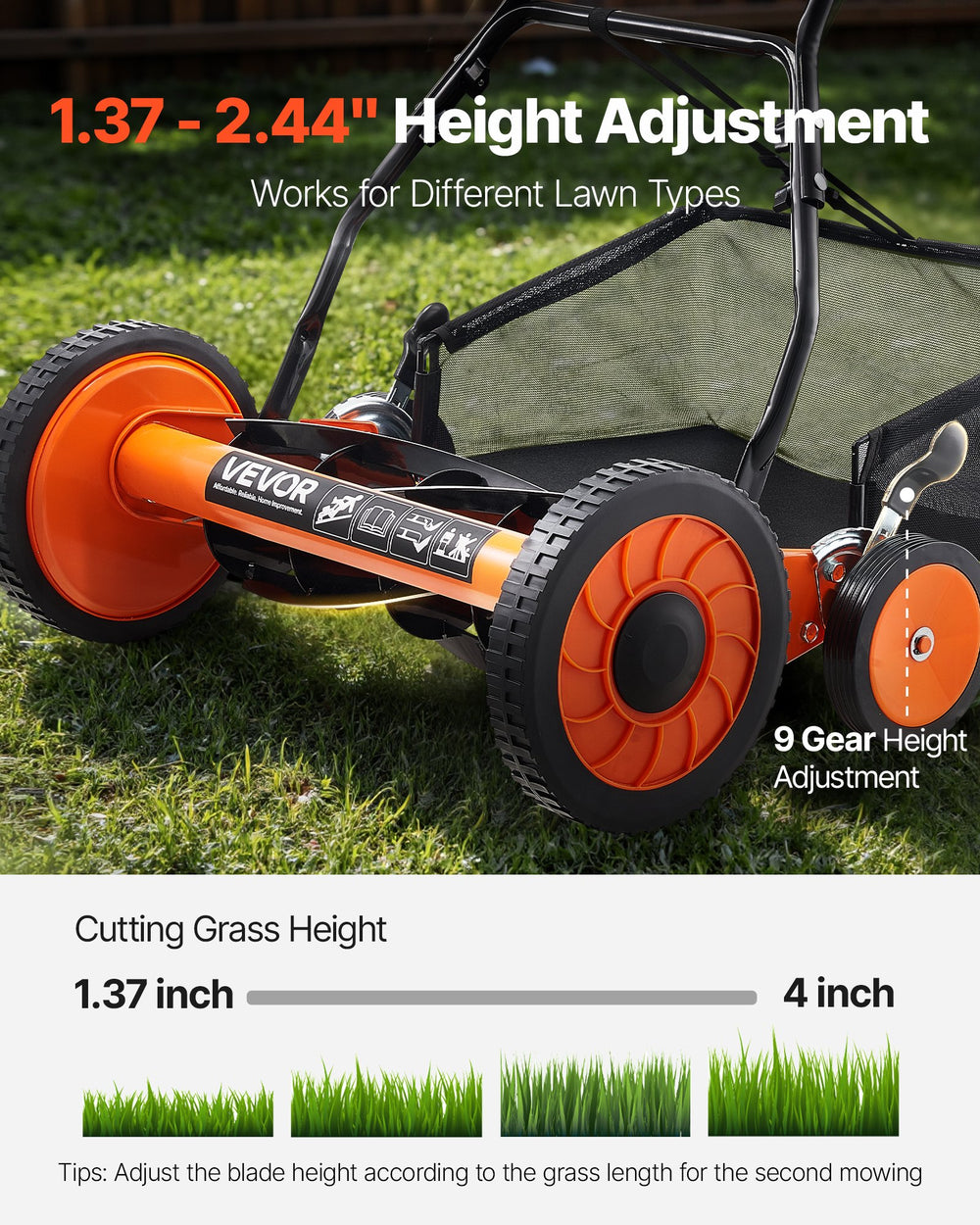 Manual Push Reel Lawn Mower 5-Blade Adjustable Height Grass Catcher 4 Wheels EX-STOCK Canada