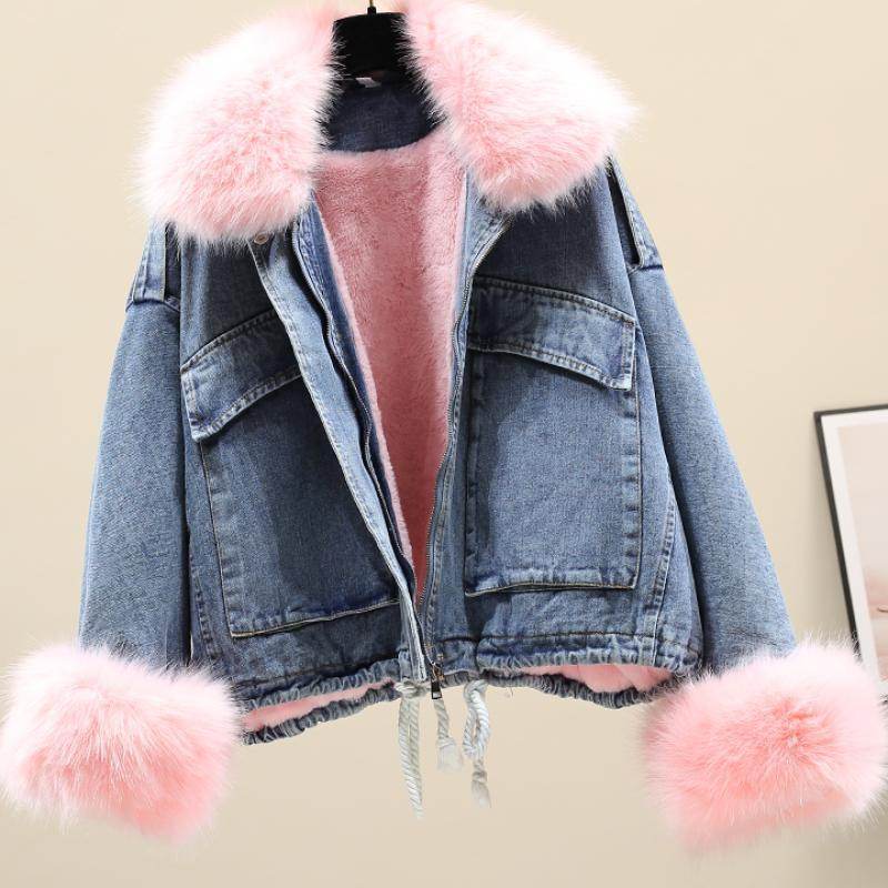 Furry Collar Denim Pie Overcoming Loose Plus Fleece Jacket Women EX-STOCK Canada