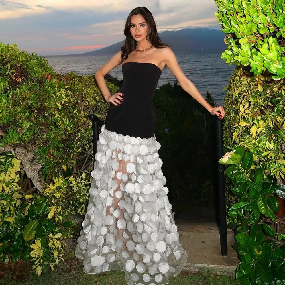 Black And White Tube Top Three-dimensional Flower Pettiskirt Dinner Dress EX-STOCK Canada