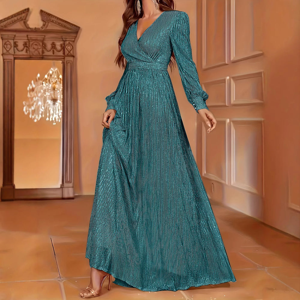 Elegant Dinner Sequined Long Sleeve V-neck High Waist Evening Dress EX-STOCK Canada