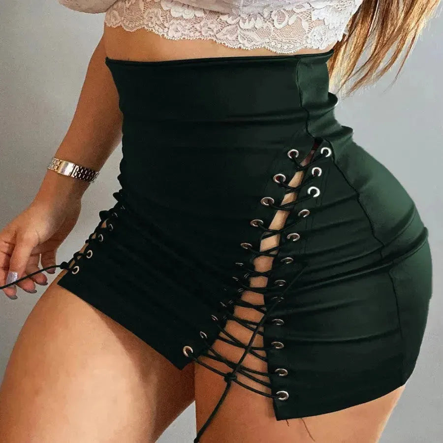 Women's High Waist Side Lace-up Tight Leather Mini Skirt - EX-STOCK CANADA