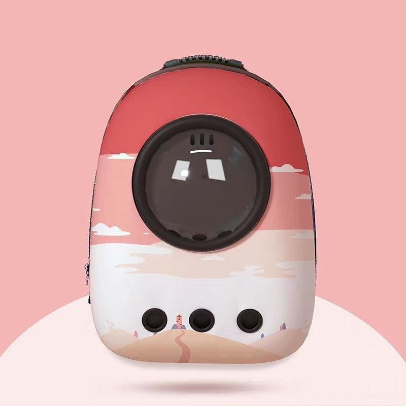 Small electronic device with a beach scene design on a pink background