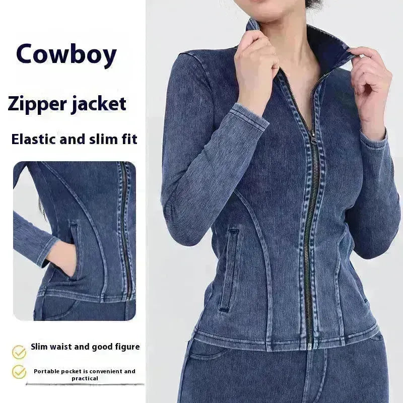 Fashion Slim fit Zipper High neck Denim Jacket for women