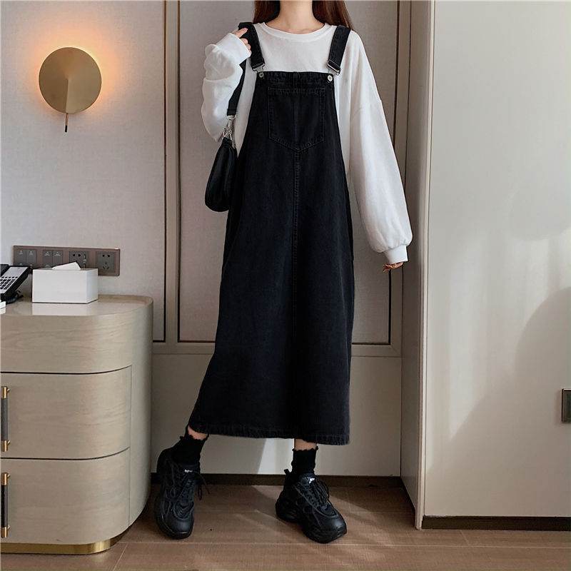 Student Denim Shoulder Strap Spring And Autumn Plus Size Mid-length Sling Black Denim Jumper Dress - EX-STOCK Canada
