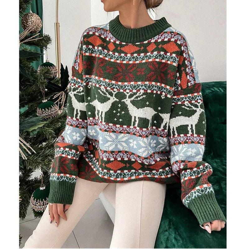 Pull à manches longues en jacquard à thème de Noël pour femmes, col rond, coupe ampleEX-STOCK Canada