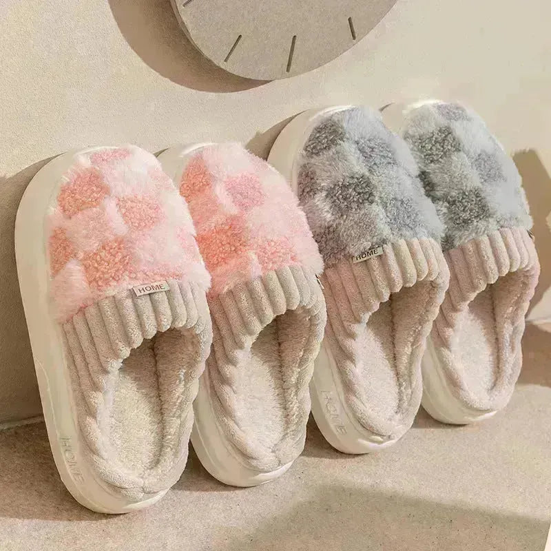 Slippers en peluche à carreaux Chaussures de maison chaude épaisses de maison chaude et hiver et hiver