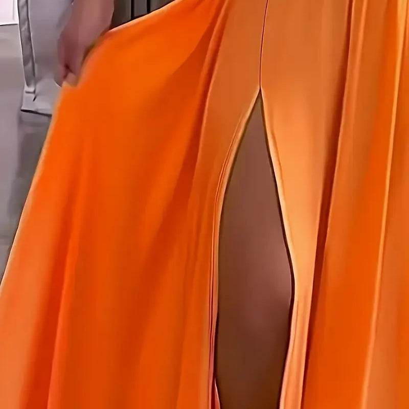 Elegant V Neck Summer Maxi Slit Dress Spaghetti Strap High Slit Long Dress - EX-STOCK Canada