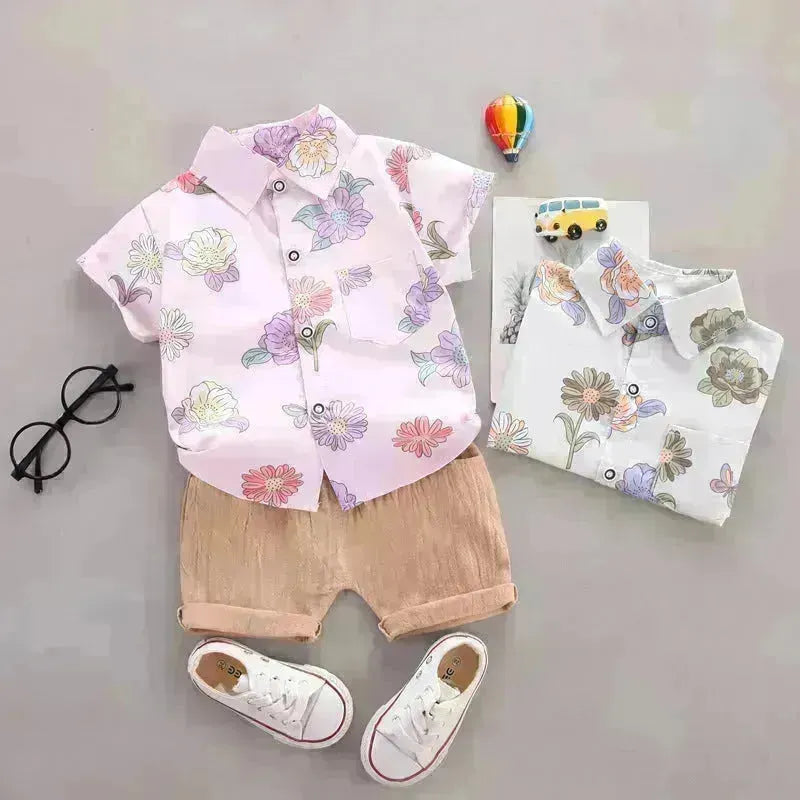 Camicia da giro di fiore estate set a due pezzi per ragazzi a maniche corte e pantalone corto