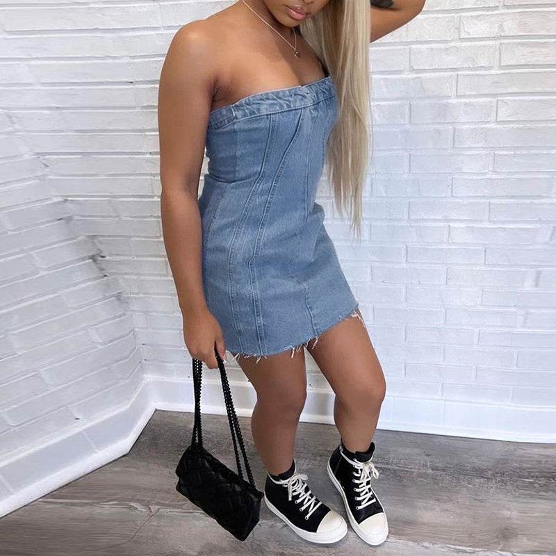 Fashion Backless Tube Denim Dress Summer Sexy Y2K Slim Short Dresses For Women Clothing - EX-STOCK Canada