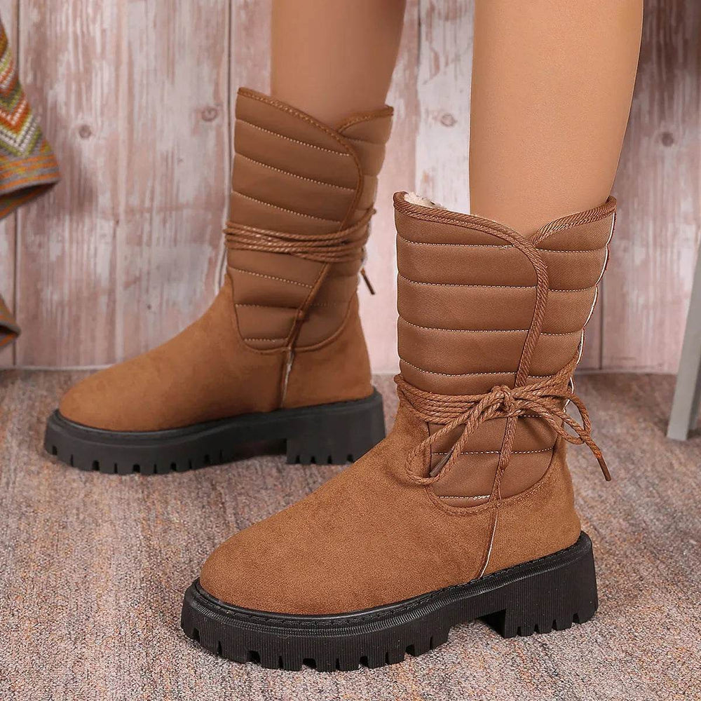 New Chunky Heel Mid-tube Snow Boots Winter Warm Fleece Boot With Lace-up Design Fashion Casual Shoes For Women - EX-STOCK Canada