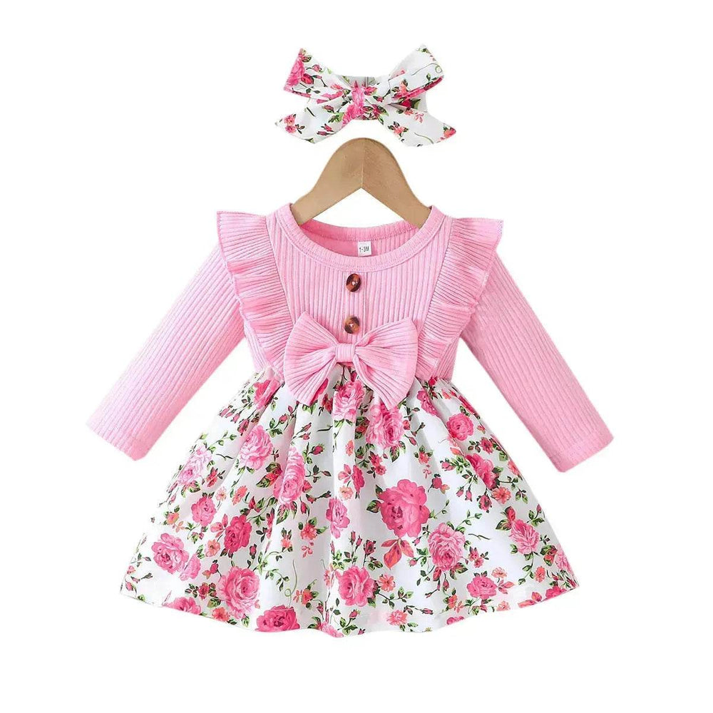 Newborn baby girl Winter floral Printed Bow Dress Suit Baby girl Dress outwear for girls plus head bowtie Baby girl pink dress - EX-STOCK Canada
