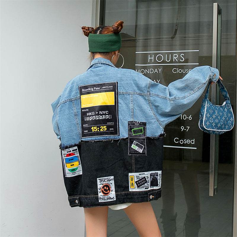 Personality Stitching Graffiti Patch Denim Loose Jacket Women EX-STOCK Canada