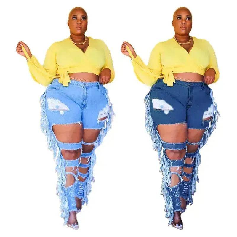 Adogirl Plus Size Side Tassel Holes Jeans Pencil Pants Women Charming Distressed Hollow Out Tight Denim Trousers Fashion Streetwear - EX-STOCK Canada