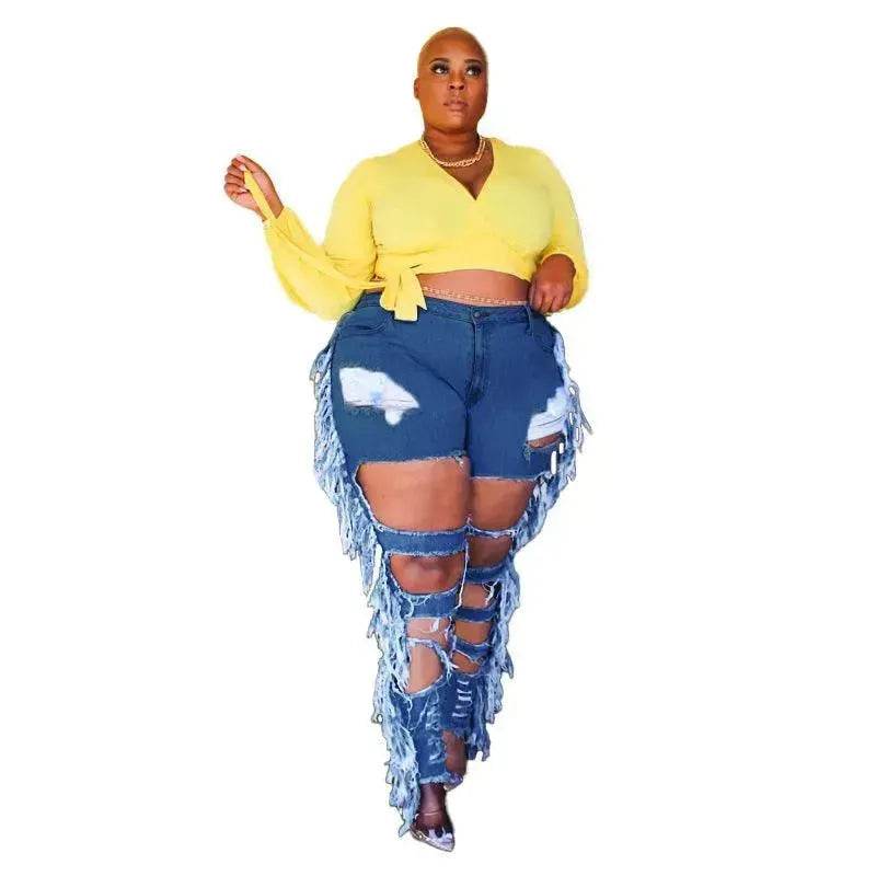 Adogirl Plus Size Side Tassel Holes Jeans Pencil Pants Women Charming Distressed Hollow Out Tight Denim Trousers Fashion Streetwear - EX-STOCK Canada