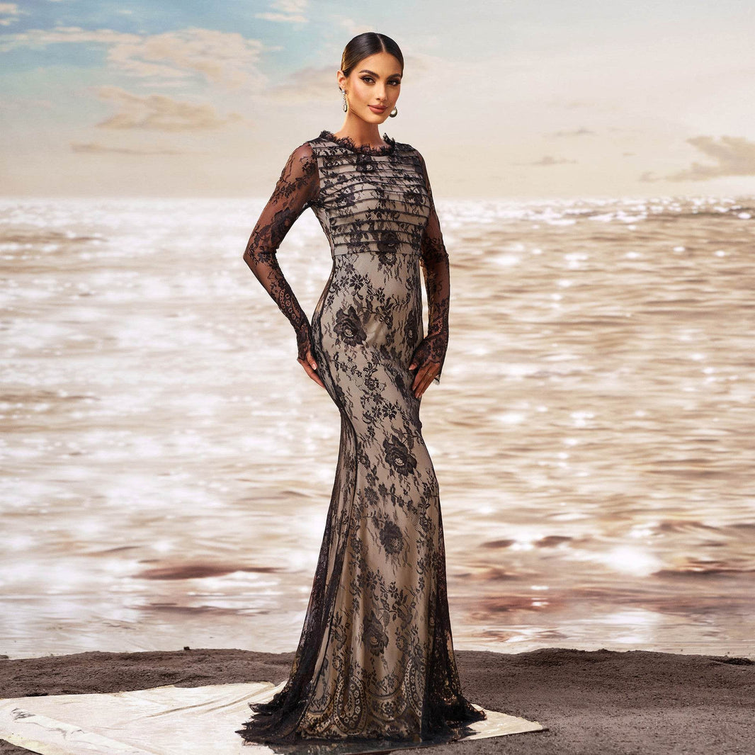 Elegant Long Sleeve Gauze Sheath Fishtail Evening Party Dress - EX-STOCK Canada