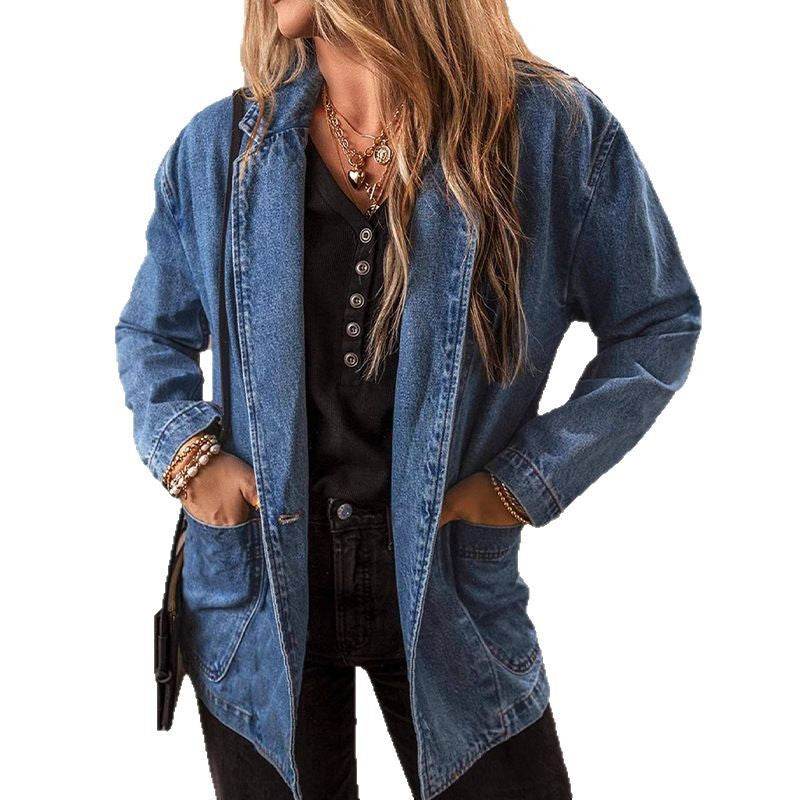 Spring And Autumn New Denim Jacket For Women, Slim Fit, Suit Collar, Solid Color Cardigan, One Button Top, Trendy EX-STOCK Canada