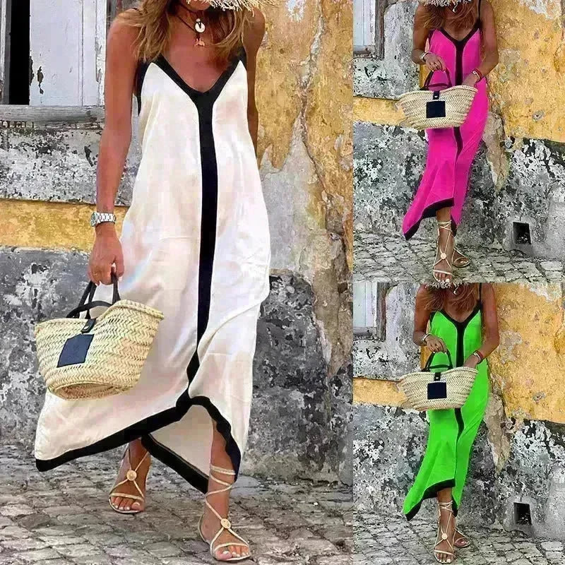 Women's Fashionable Casual Solid Color Spaghetti Straps Sleeveless V-neck Midi Dress - EX-STOCK CANADA
