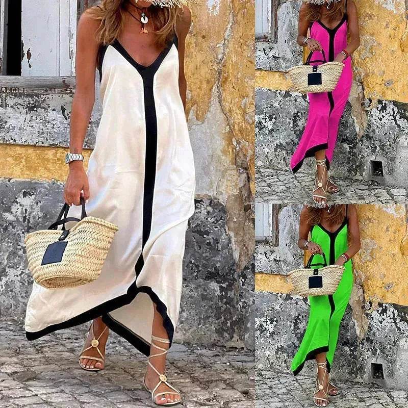 Women's Fashionable Casual Solid Color Spaghetti Straps Sleeveless V-neck Midi Dress - EX-STOCK Canada