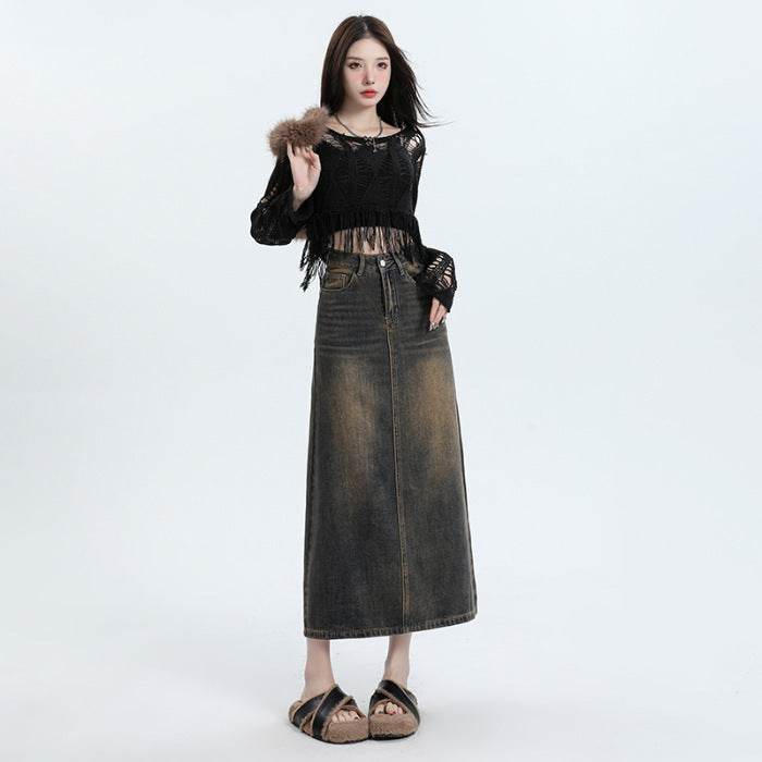 High Waisted Denim Skirt Design Pocket back Slit Retro Hip-wrapped Midi Skirt - EX-STOCK Canada