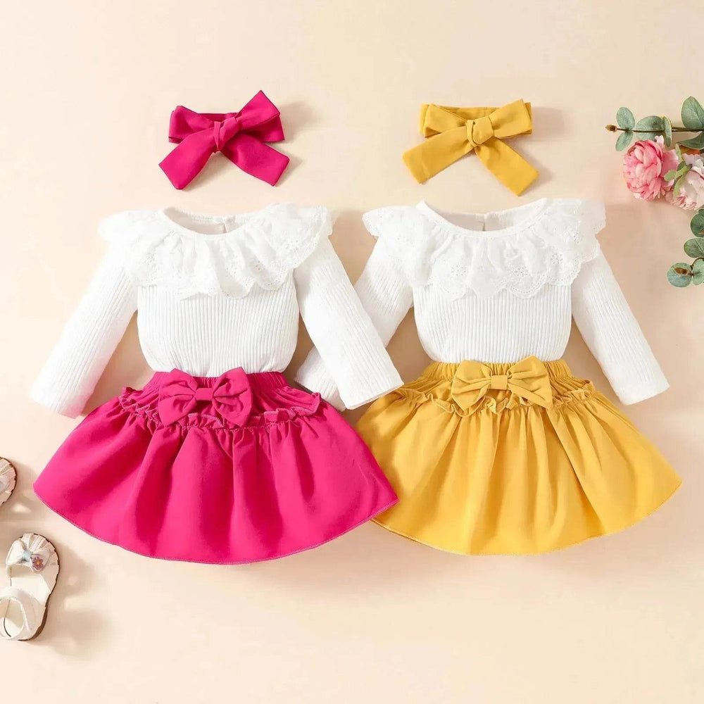 Two piece Baby Girl Lace Ruffles Long-sleeve romper Bow Skirt Hair Bowtie Band baby girl outwear - EX-STOCK Canada