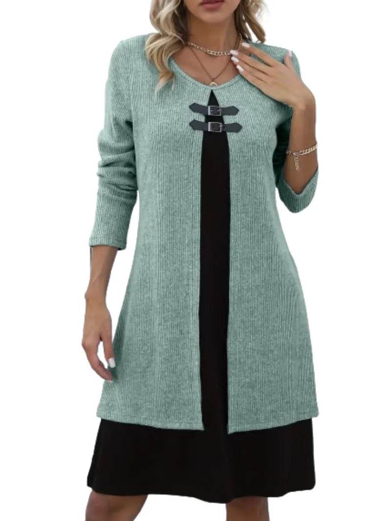 Contrast Color Buckled Round Neck Fashion Winter Sweater Dress - EX-STOCK Canada