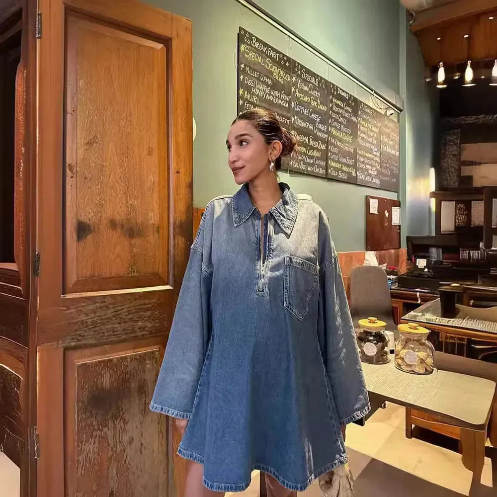 Lapel Patch Pocket Bell Sleeve Denim Dress - EX-STOCK CANADA