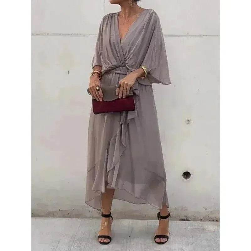 Batwing Sleeve V-neck Dress Summer Pure Color Tied Irregular Wrap Midi Dresses for Women - EX-STOCK Canada