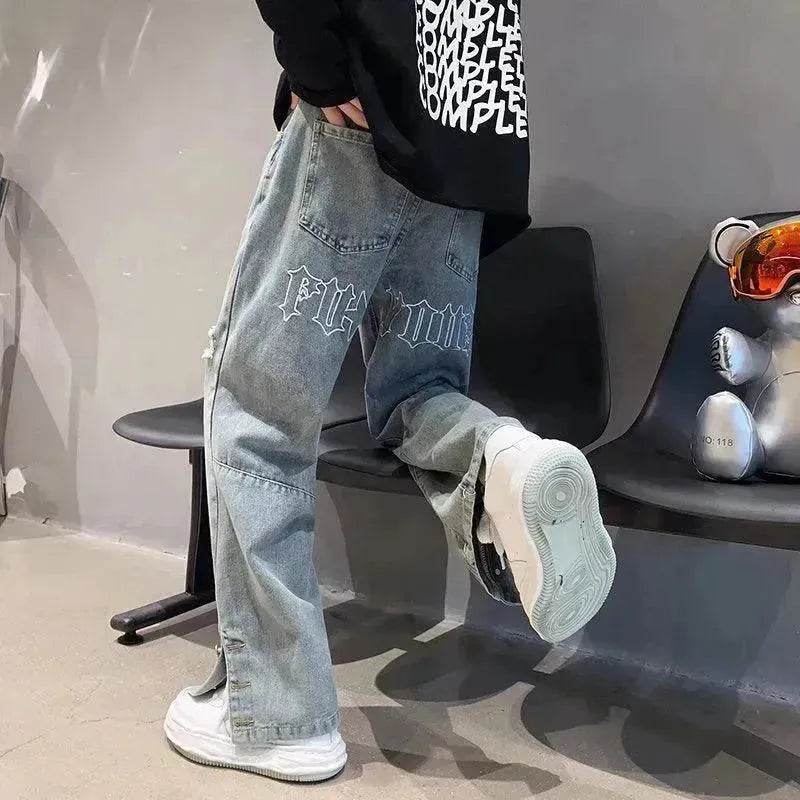 American Letter Embroidered Jeans High Street Fashion Brand Hip Hop Straight-leg Pants - EX-STOCK Canada