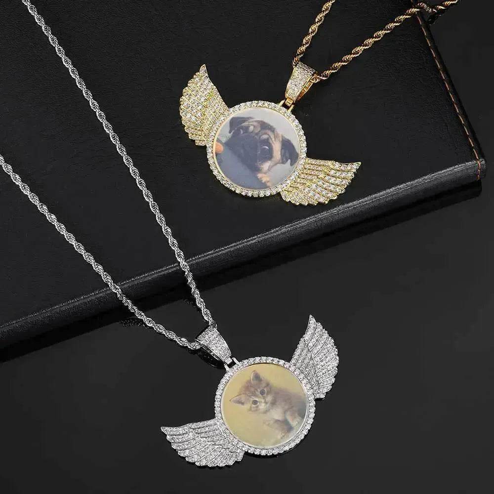 Angel Wings Medallions Custom Photo Pendant Necklace For Men Hip Hop Jewelry Iced Out Pendant Custom Engraved Name Memory Gift - EX-STOCK Canada