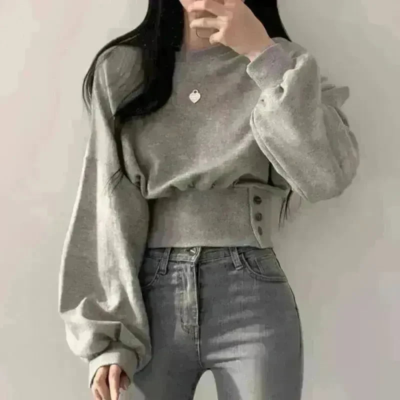 Autumn Crew Neck Button Long Sleeve Short Pullover Sweatshirt Top For Women - EX-STOCK CANADA