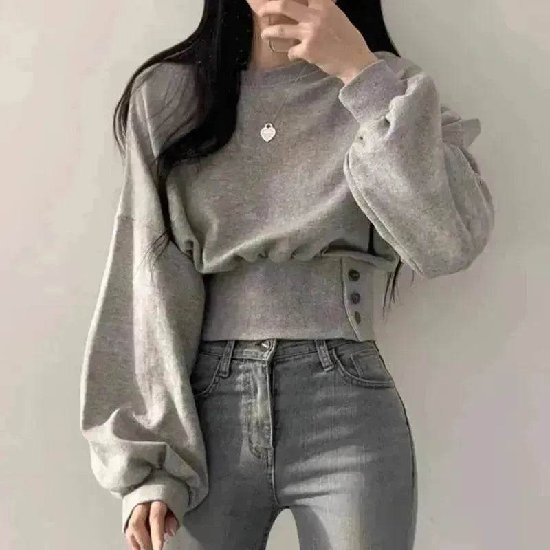 Autumn Crew Neck Button Long Sleeve Short Pullover Sweatshirt Top For Women - EX-STOCK Canada