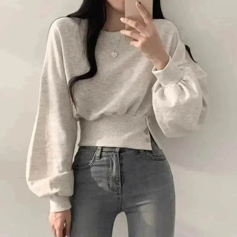 Autumn Crew Neck Button Long Sleeve Short Pullover Sweatshirt Top For Women - EX-STOCK Canada