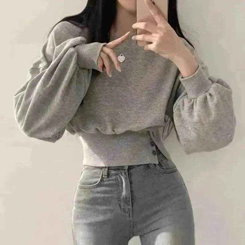 Autumn Crew Neck Button Long Sleeve Short Pullover Sweatshirt Top For Women - EX-STOCK Canada