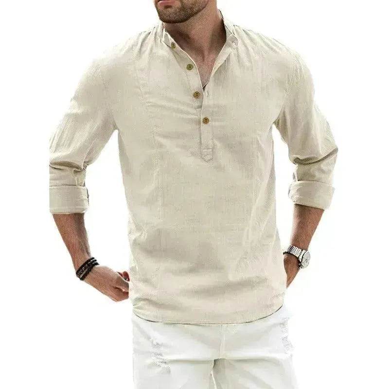 Autumn Solid Color Stand Collar Casual Long Sleeve Cotton And Linen Men's Shirt - EX-STOCK Canada