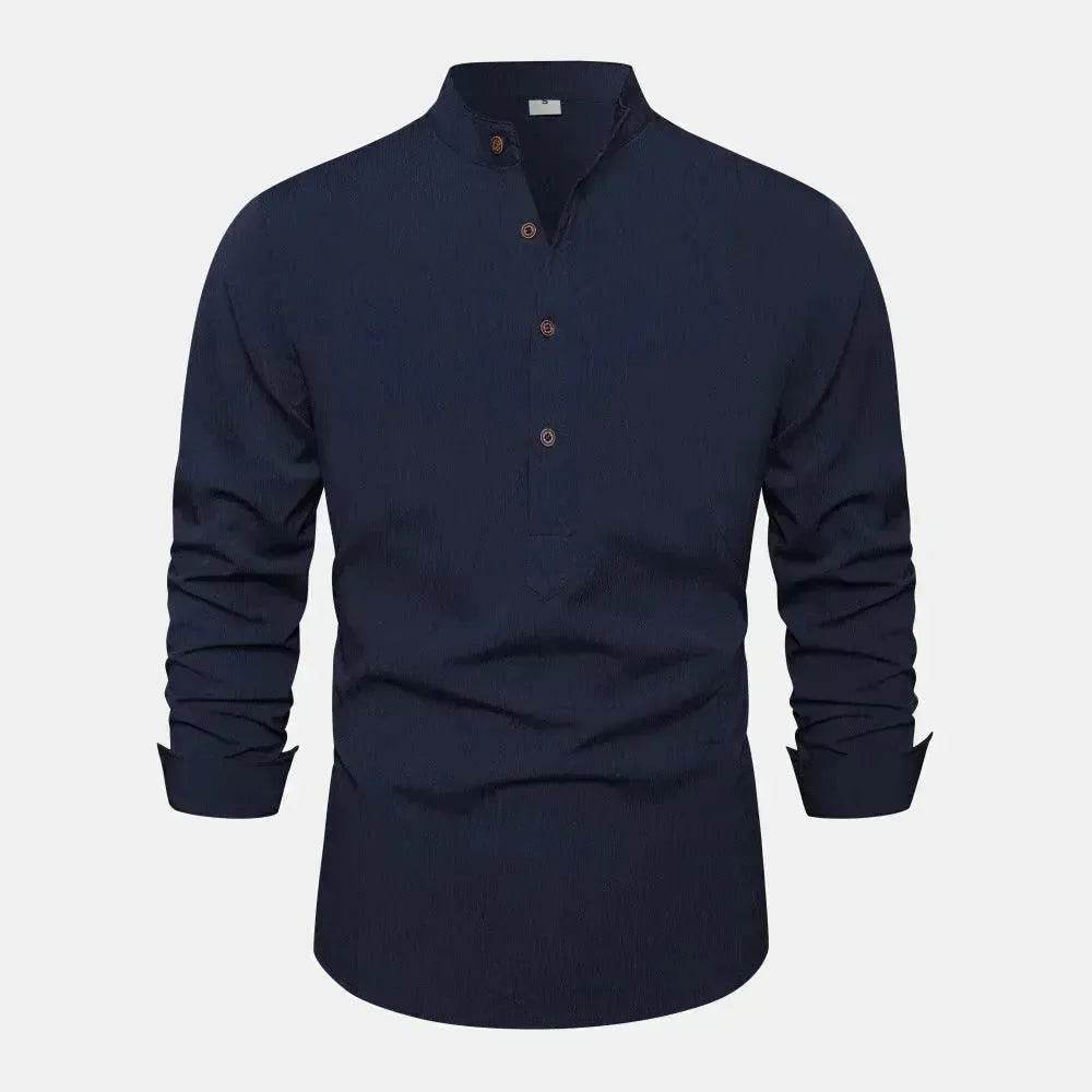 Autumn Solid Color Stand Collar Casual Long Sleeve Cotton And Linen Men's Shirt - EX-STOCK Canada