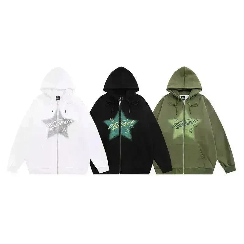 American street Star Printed Hoodie Cardigan unisex for fall winter - EX-STOCK CANADA