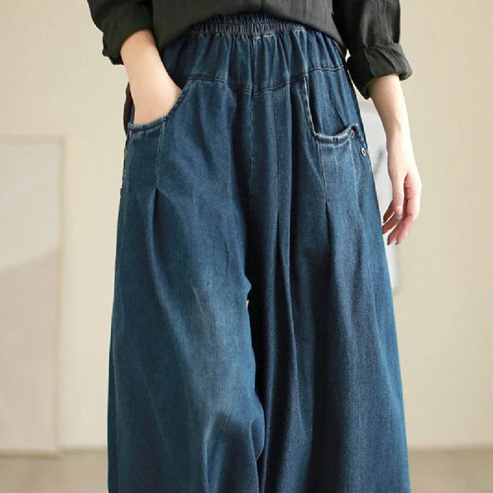 Wide-leg Baggy Jeans Pant Elastic Waist Washed Wear-white Loose Slimming And All-matching Trousers For Women - EX-STOCK Canada