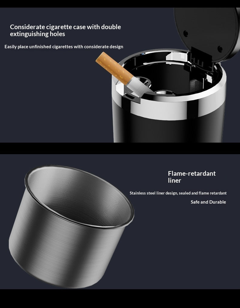 A dark promotional graphic showing a cylindrical cigarette case and matching ashtray with text callouts. The top panel shows the open case with a cigarette resting inside, and the bottom panel shows a brushed metal liner angle view.