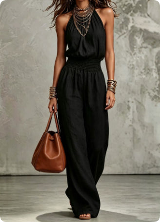 Black Women's Halter Neck Backless Wide-Leg Jumpsuit | Sleeveless Lace-Up Onesie