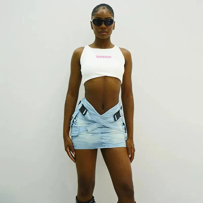 Cross School Bag Buckle V-shaped Waist Workwear Denim Mini Cargo Skirt - EX-STOCK CANADA