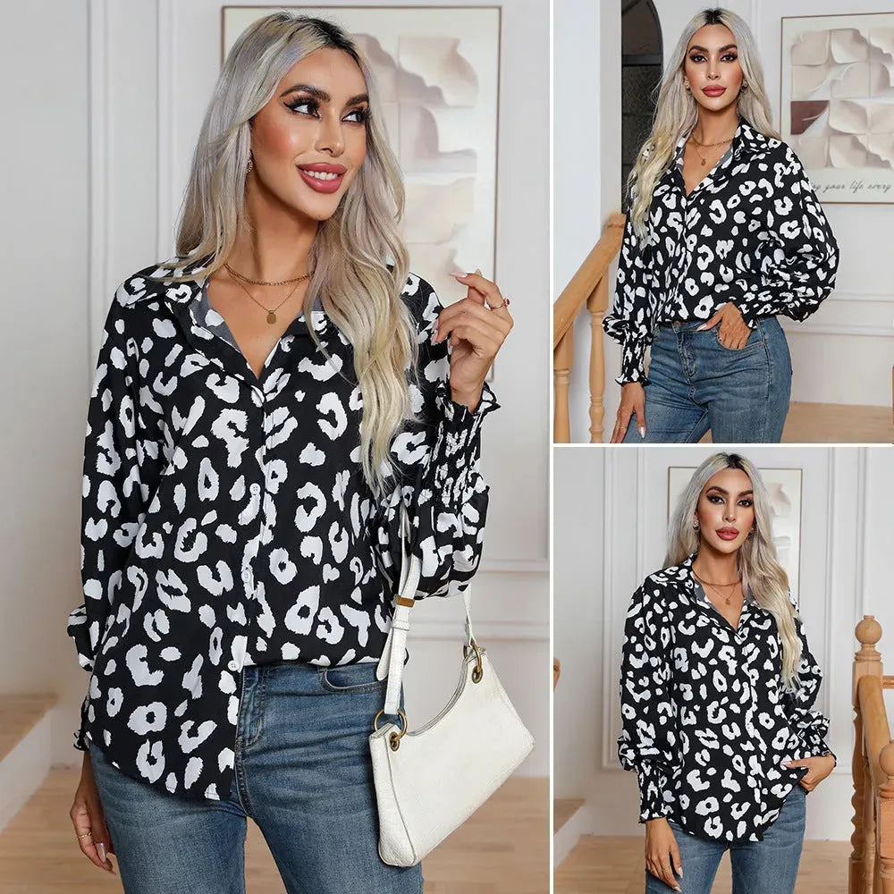 Leopard Print Lantern Sleeve Blouse Shirt top for Women - EX-STOCK CANADA