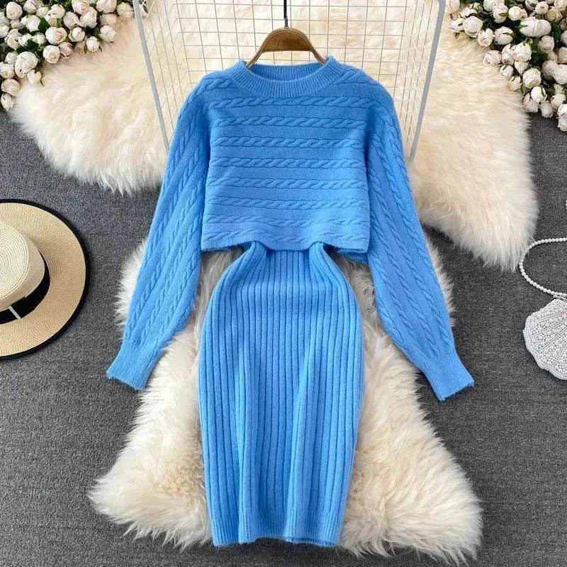 Autumn Winter Sassy Woolen Knitted Two Piece Midi Sweater Dress Outfit set - EX-STOCK Canada