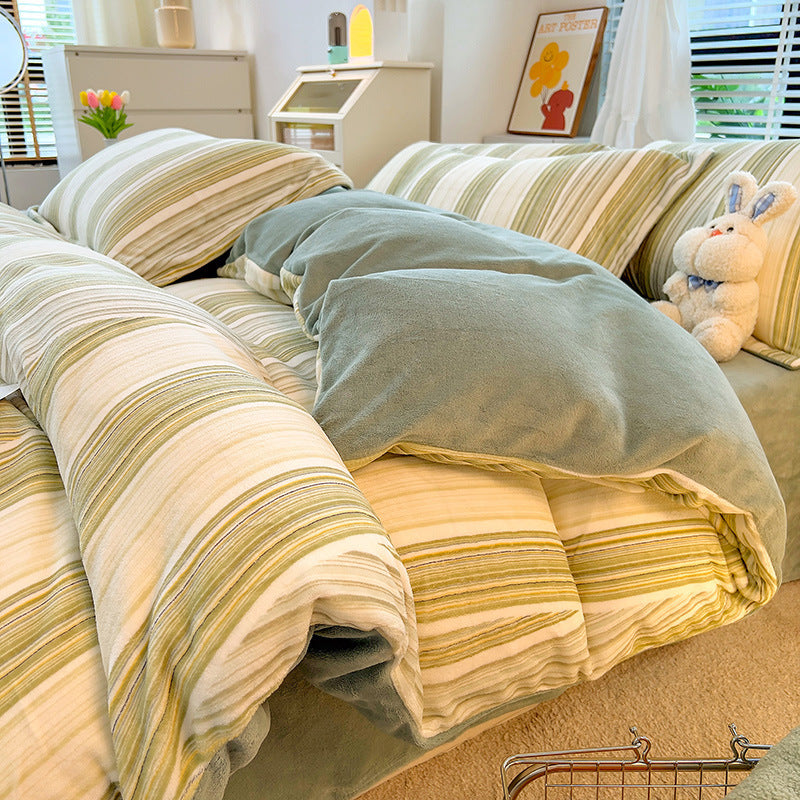 Nordic Striped Coral Fleece Duvet Cover Flannel Sheet Cover Three-piece Set EX-STOCK Canada